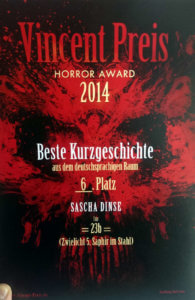 urkunde für "23b" von sascha dinse beim vincent preis 2014 kurzgeschichte horror